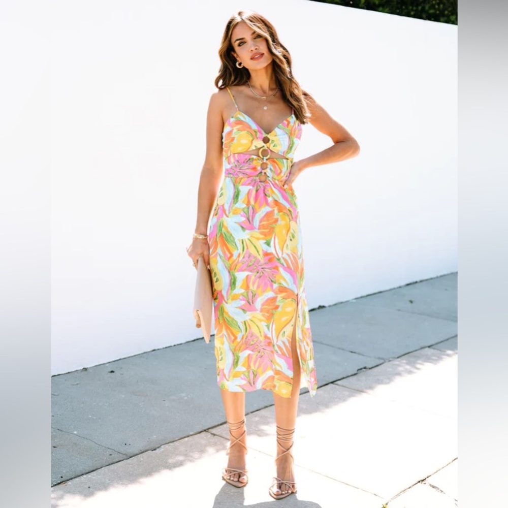 NWT VICI Tropic Like It’s Hot Printed Cutout Midi Dress, size XS